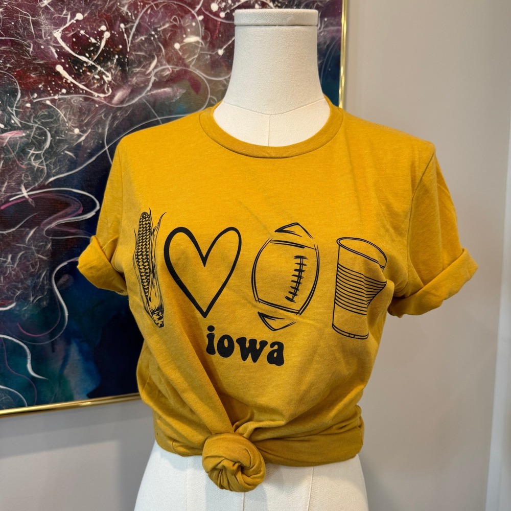 Bella Canvas Iowa Graphic Tee Mustard Yellow Football Corn Heart Shirt Small NEW